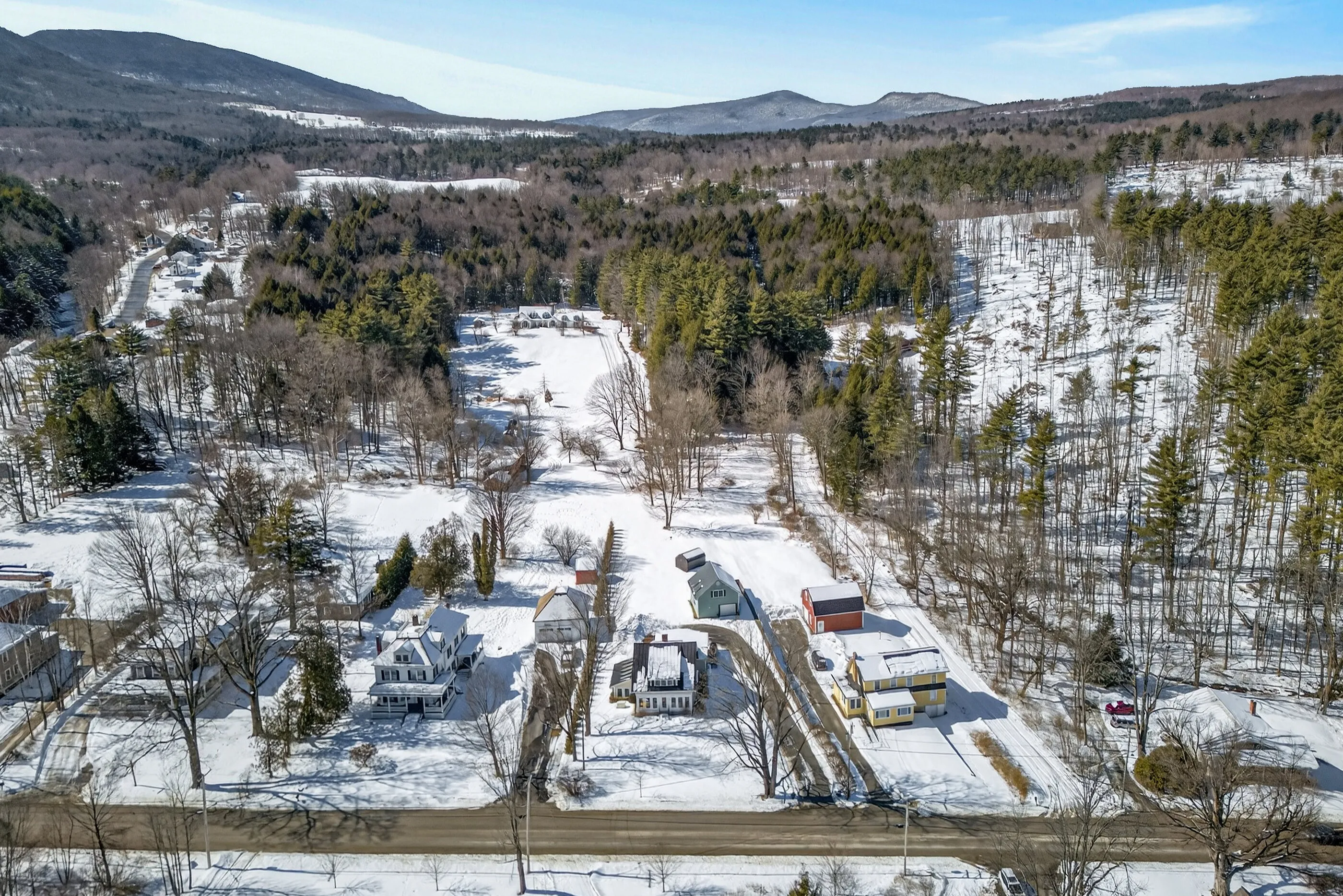 A Vermont village under snow, seen from above